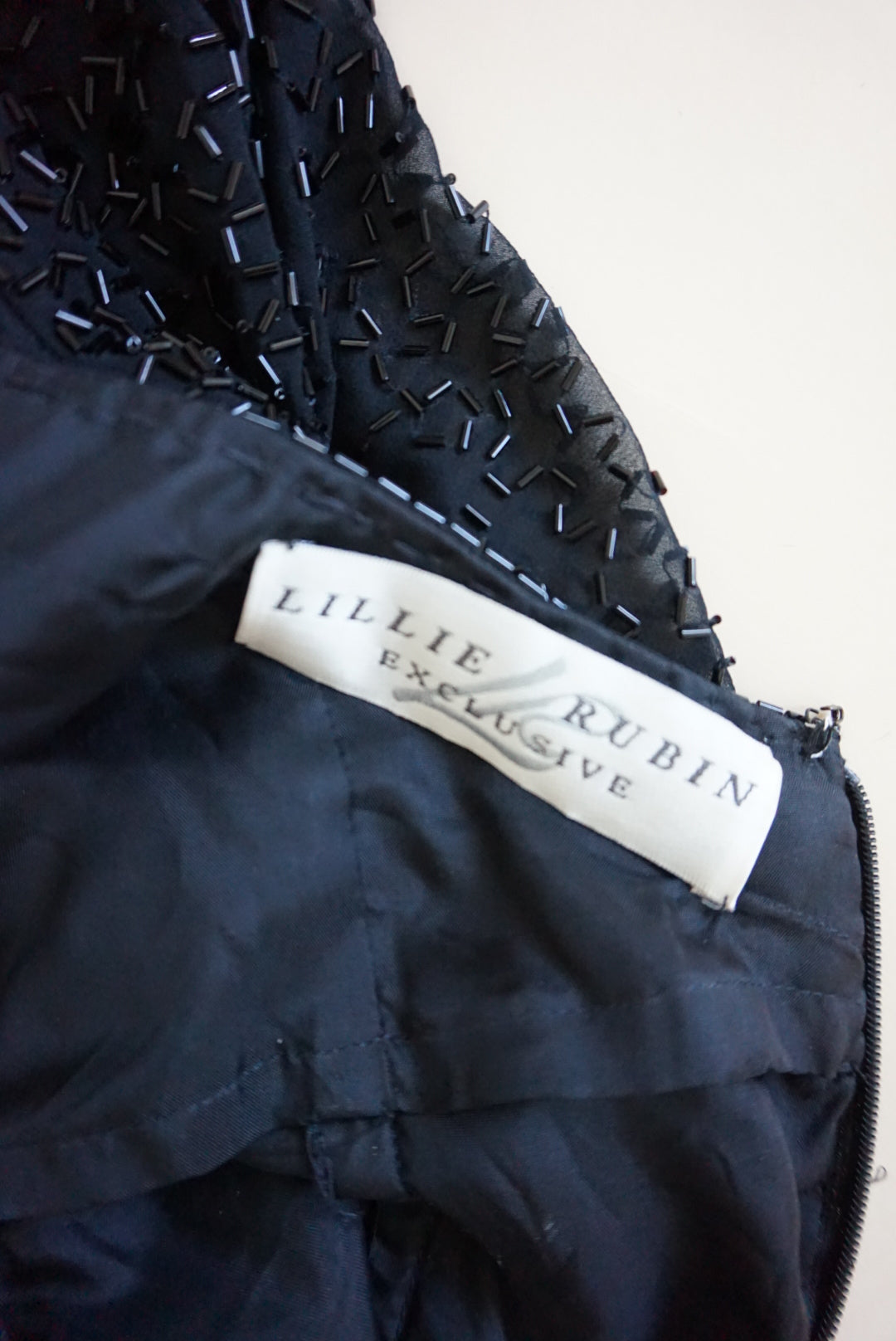 Lillie Rubin Exclusive Vintage Beaded Open Back Black Silk Statement Gown - Size 8