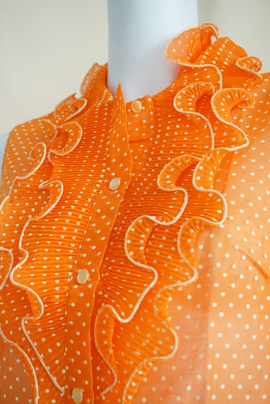 Collegiana Vintage 70's  Polka Sheer Ruffle Neck Blouse ILGWU- Size 34