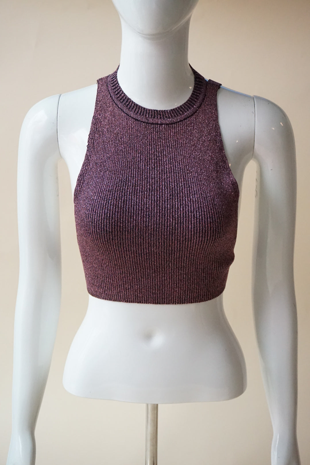 Zara Glitter Open Back Ribbed Knit Halter Top - Size Small