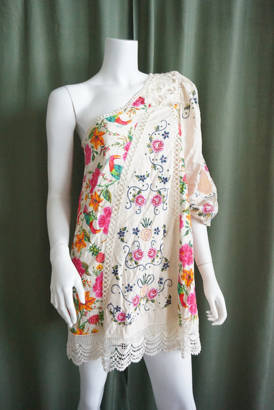Farm Rio Anthropologie Toucans Garden One Shoulder Embroidered Dress - Size XS