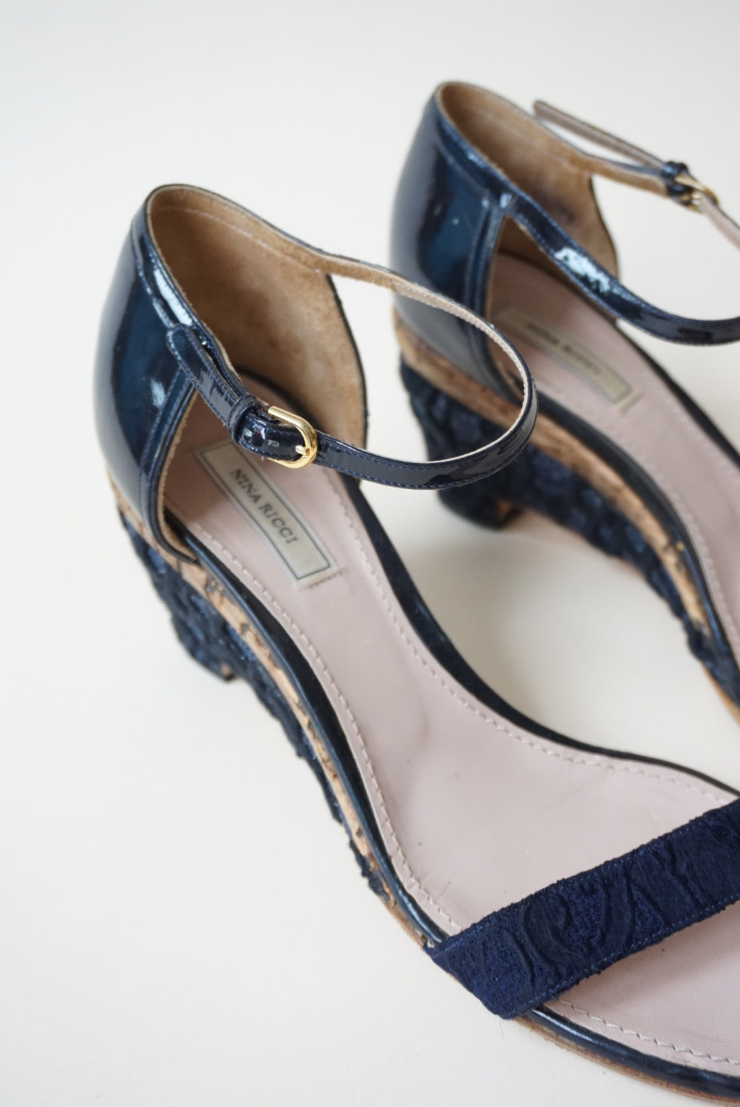 Nina Ricci Cork Navy Patent Leather Embroidered Sandal Wedge - Size 40