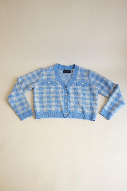 Style By GG Plaid Blue Rhinestone Button Cropped Cardigan - Size Medium