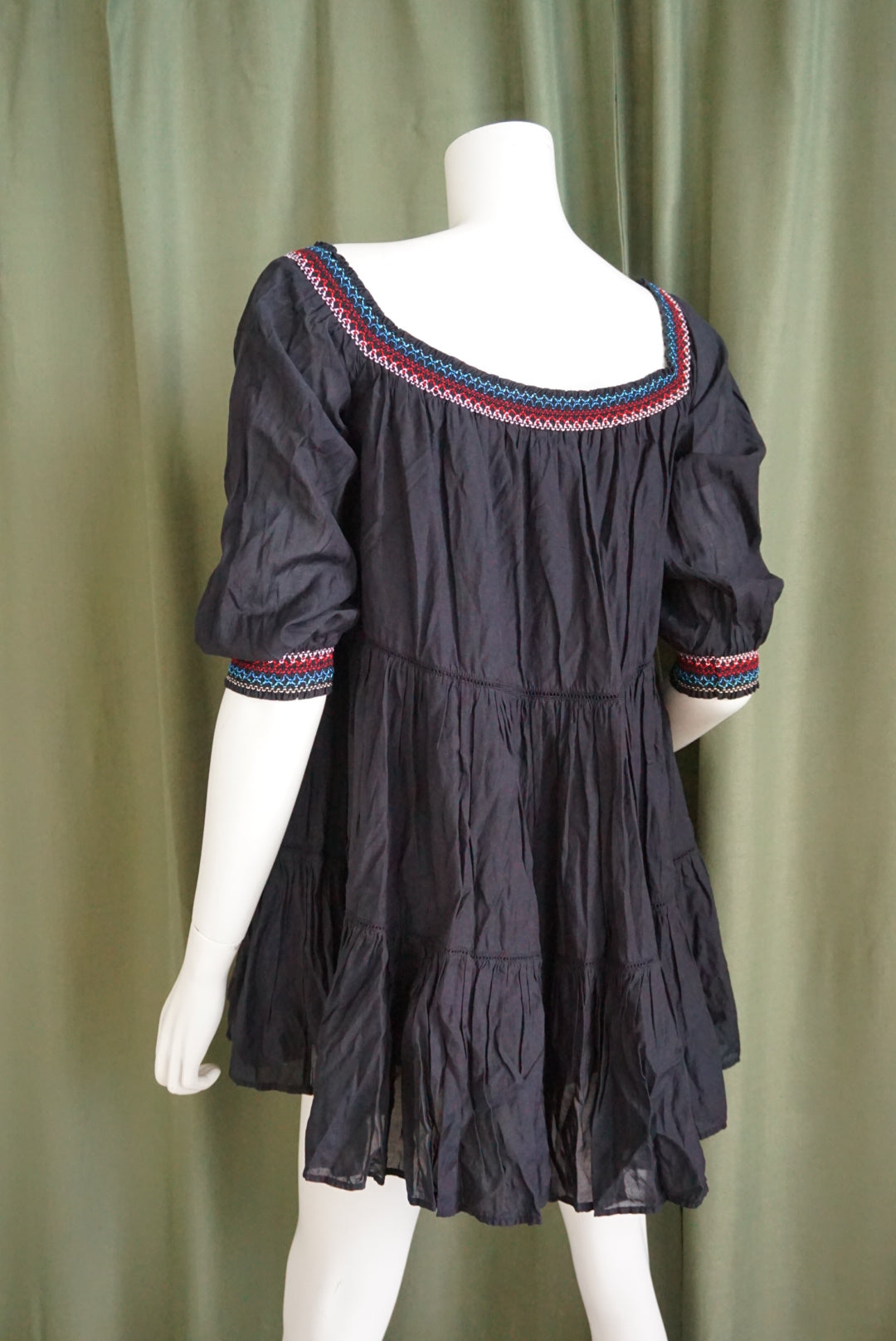 Free People Floral Embroidered Mini Shirred Black Cotton Dress - Size Medium