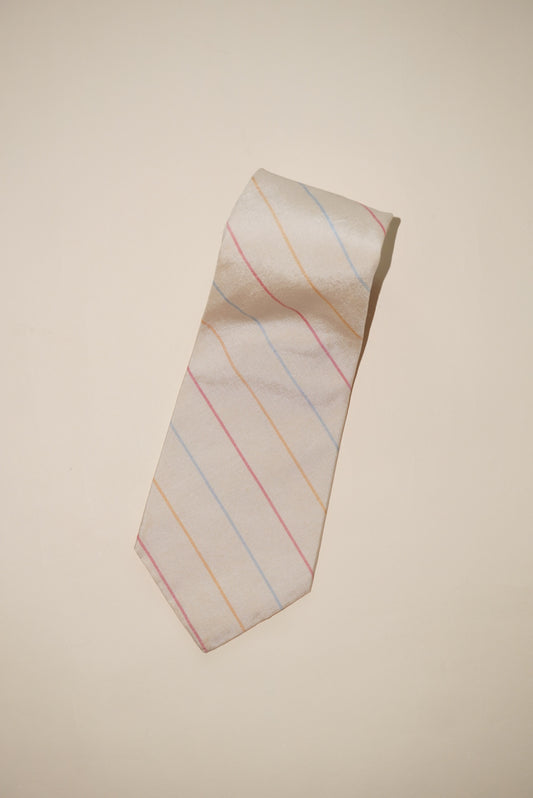 1990s Polo Ralph Lauren Vintage Beige Diagonal Pastel Striped Silk Men's Tie