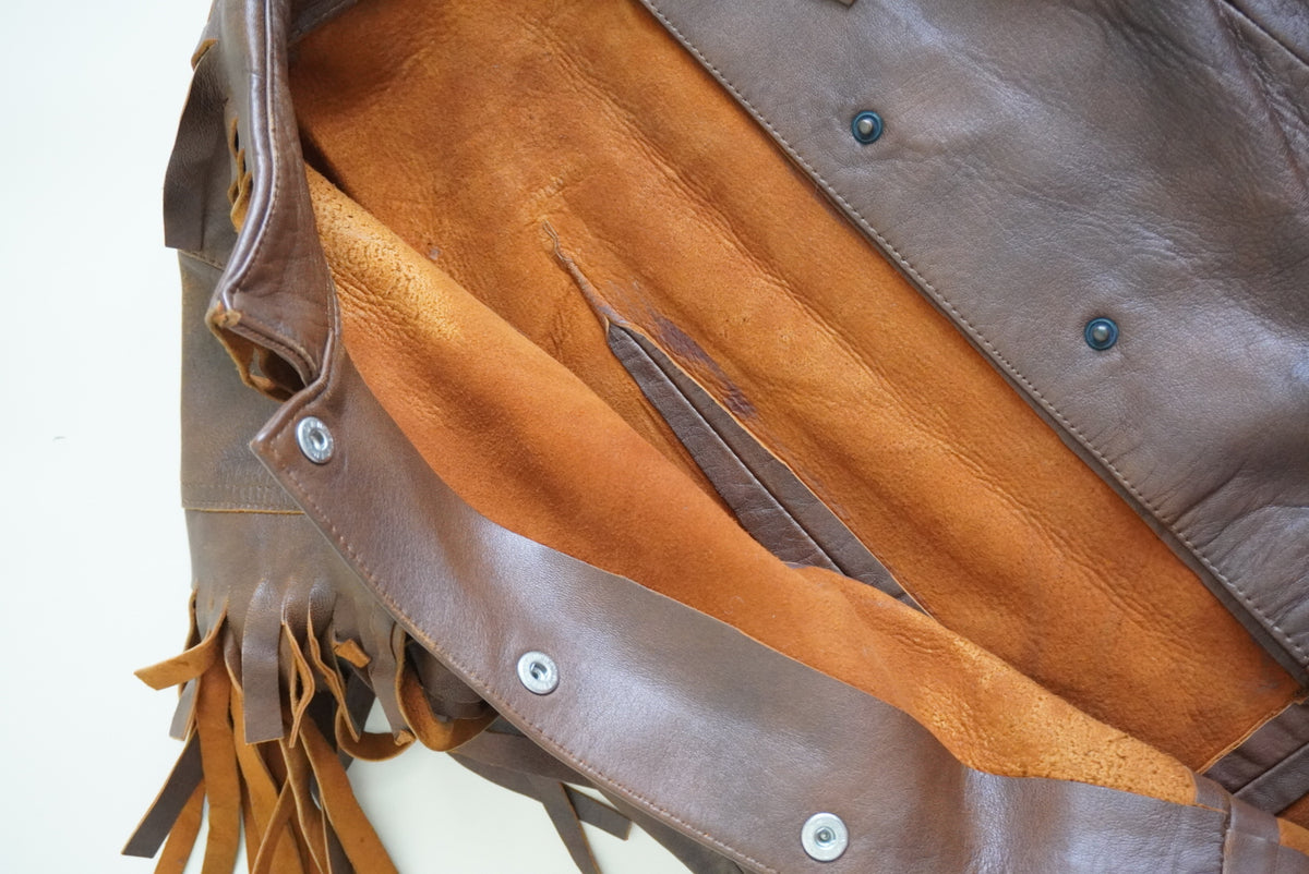 Vintage 60s/70s Bohemian-Mod Style Fringe Handmade Brown Leather Dress - Flaw