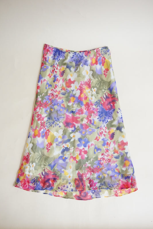 Anna and Frank Petite Vintage Floral Pastel Silk Midi Skirt - Size Petite Small