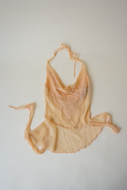 XOXO Y2K Embroidered Orange Halter Open Back Sheer Blouse - Size Medium