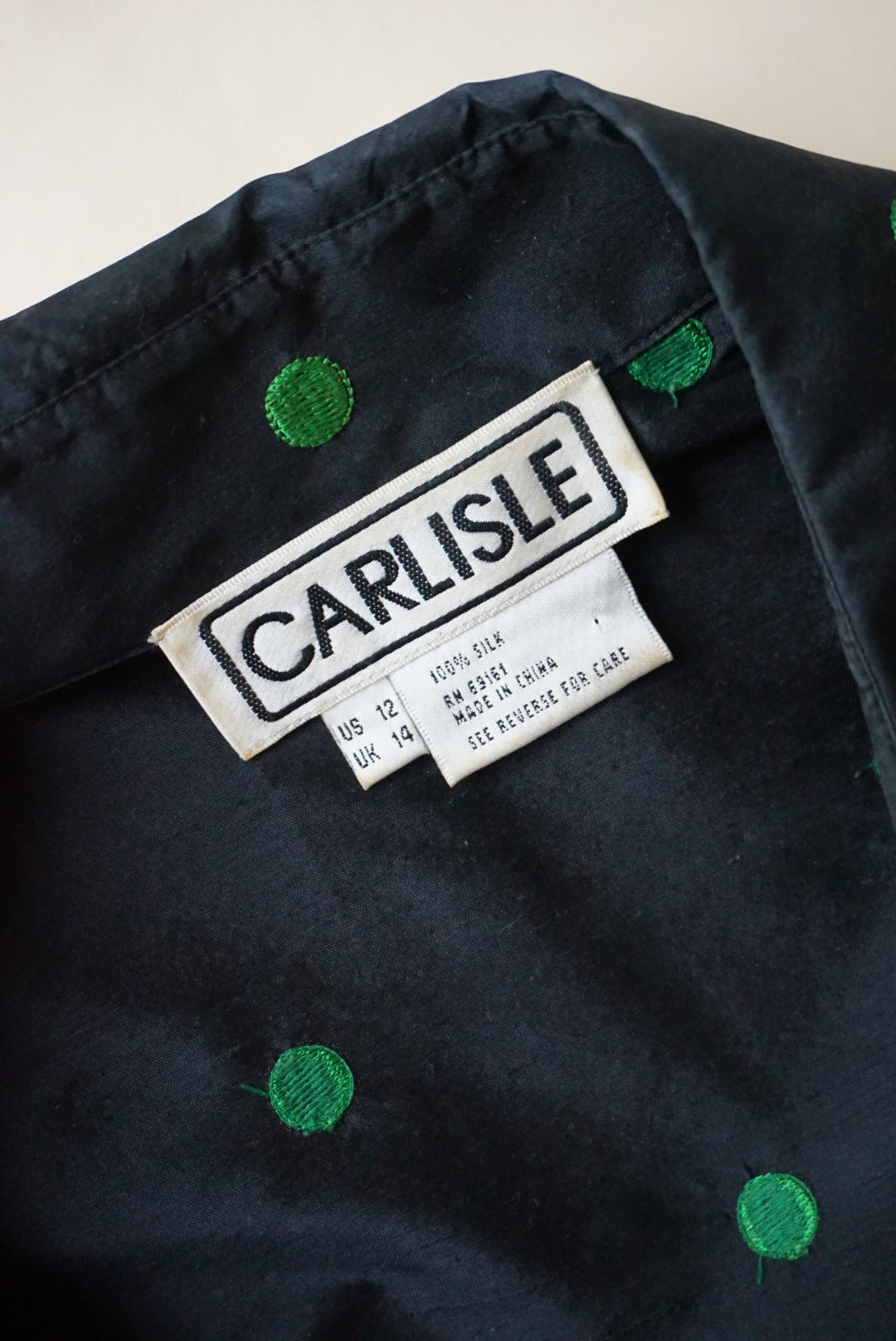 Carlisle Vintage Black Raw Silk Embroidered Green Polka Dot Blouse - Size 12