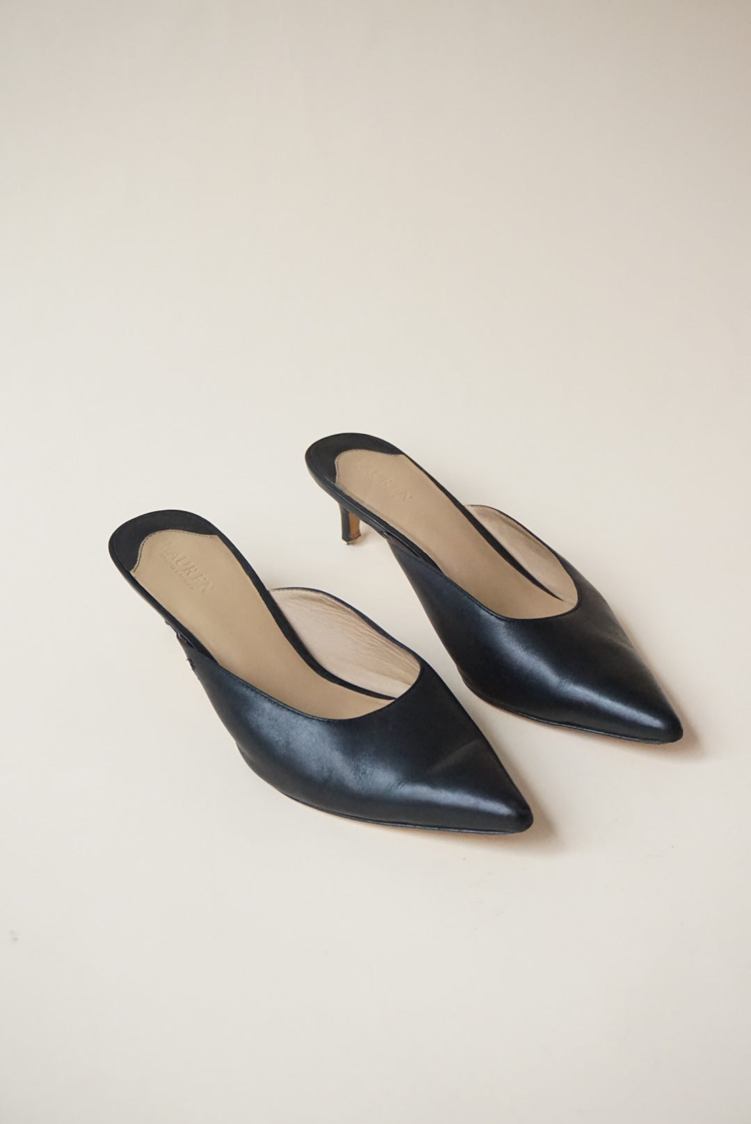 Lauren Ralph Lauren Black Adrienne Leather Mule Kitten Heel - Size 8