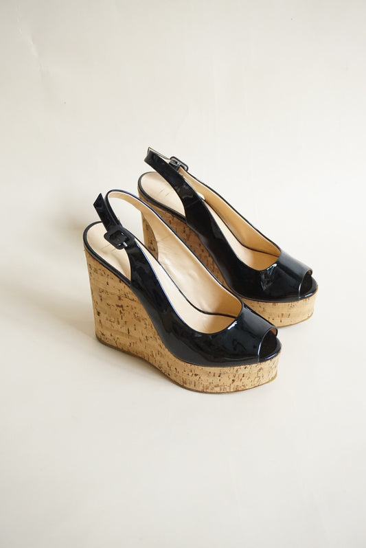 Giuseppe Zanotti Black Patent Leather Peep Toe Cork Wedges - Size 38