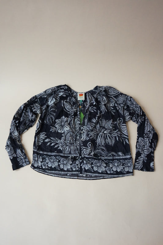 Farm Rio Black/White Pasley Bloom Sheer Cotton Front Tie Blouse NWT - Size XS