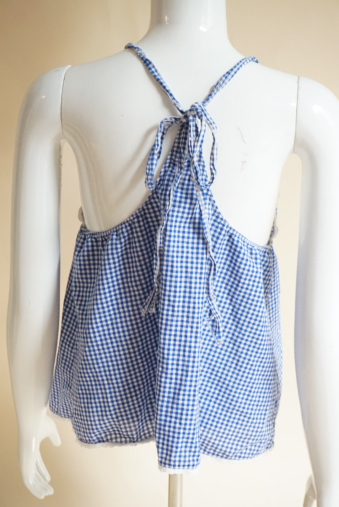 Victoria's Secret Blue Halter Gingham Lace Trim Blouse - Size Large