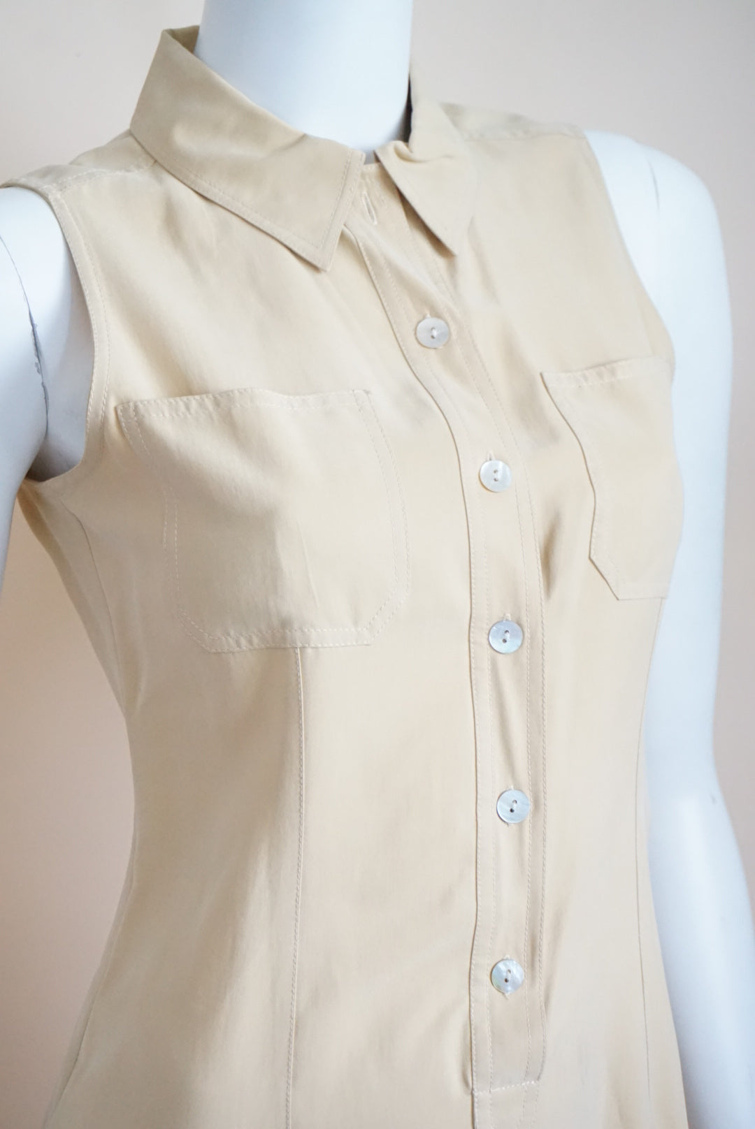 Petite Sophisticate 90's Tan Silk Sleeveless Shirt Midi Dress - Size 2