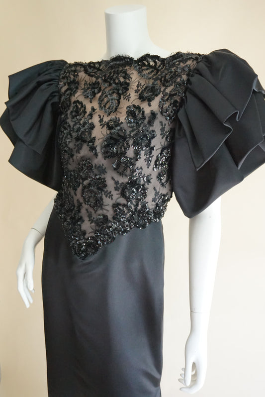 Vintage Black Beaded Lace Dramatic Sleeve Open Back Cocktail Statement Gown
