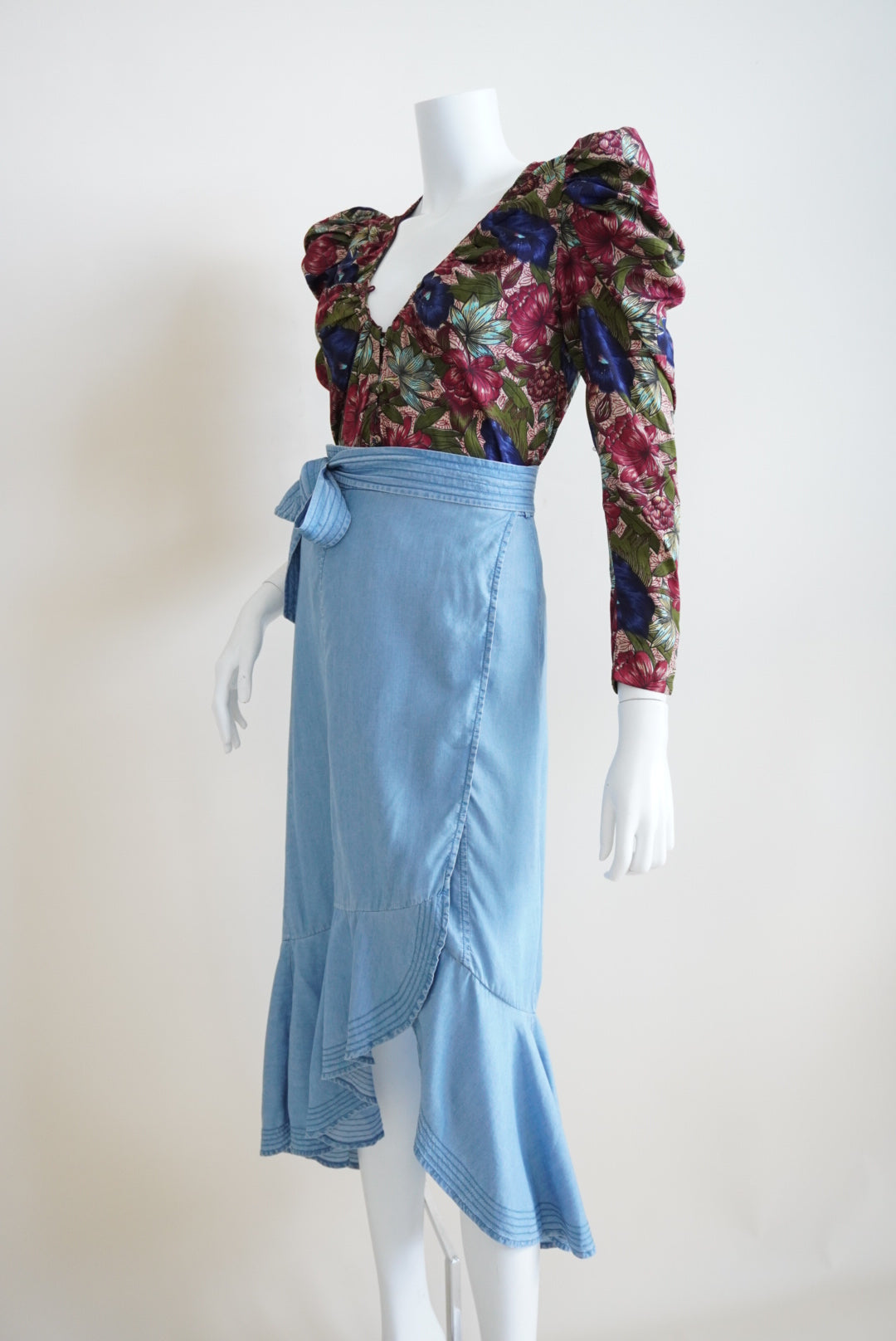 Intermix Denim Blue Chambray Ruffle Asymmetrical Wrap Skirt - Size Small