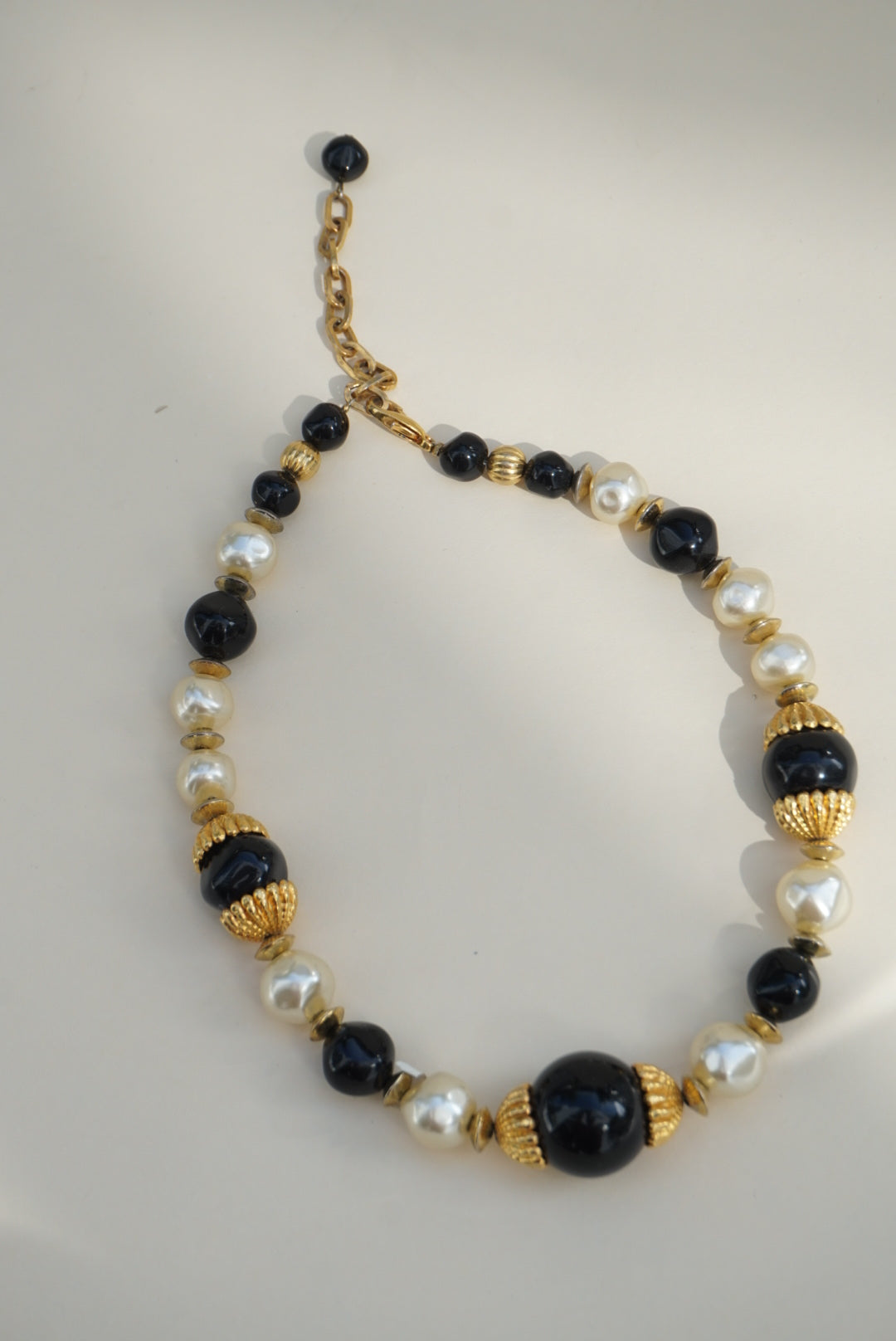 Vintage Faux Pearl Black Resin Stone Gold Costume Necklace