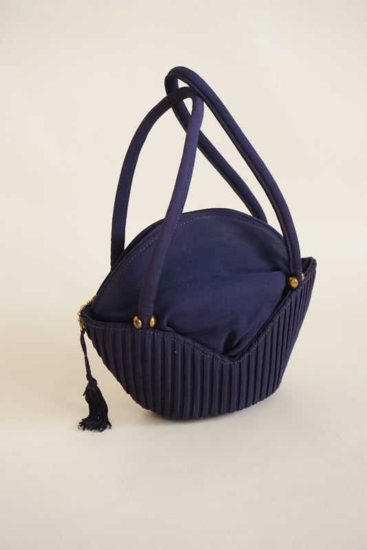 Vintage Boat Navy Blue Pleated Basket Boat Tassle Handbag