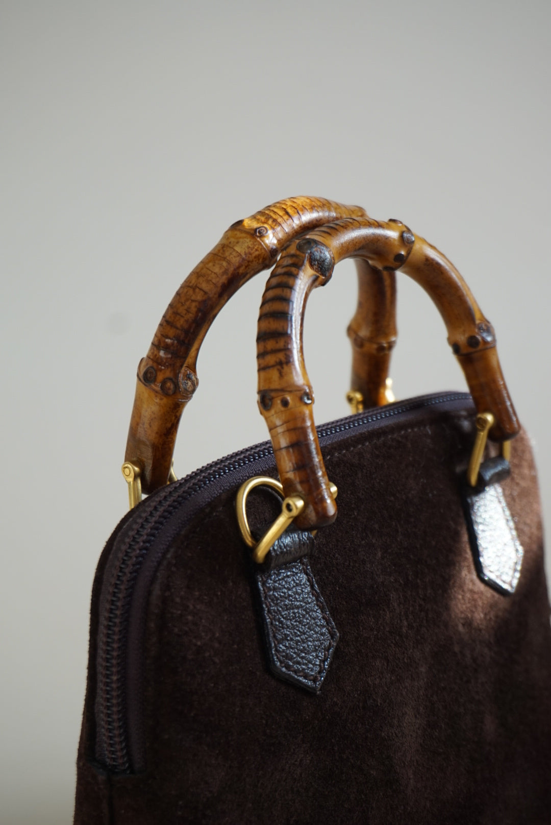 “Gucci” 80’s Brown Suede Mini Vintage Bamboo Handbag