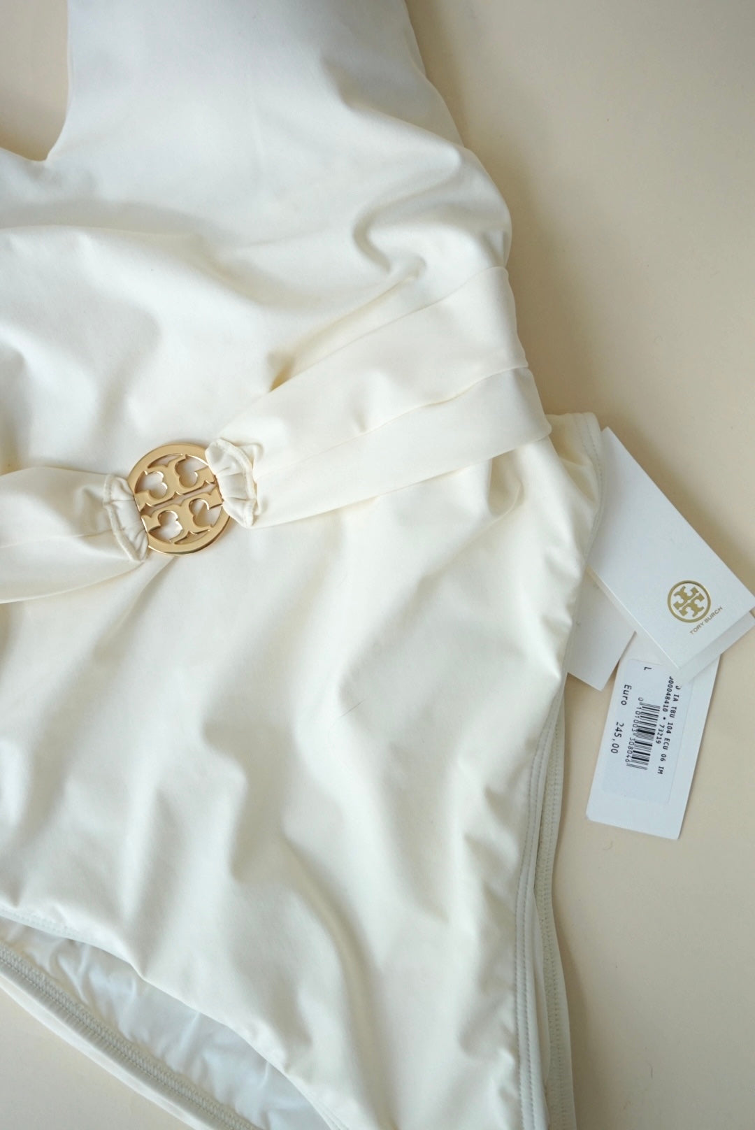 “Tory Burch” One Piece “Miller” Plunge White Logo Belted Swimsuit NWT - Size Large