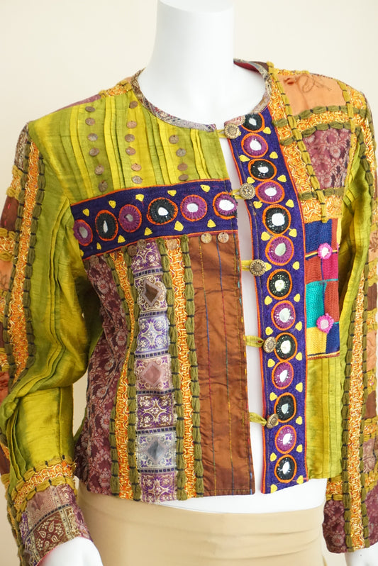 Sandy Starkman VTG Multicolor Silk Blend Patchwork Mirrored Boho Jacket - Size Large