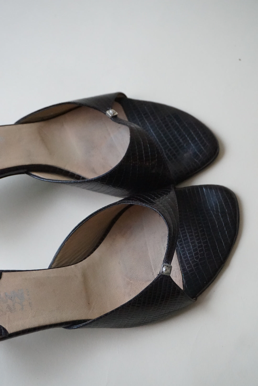 "Versace" Vintage Reptile Brown Open Toe Kitten Heels - Size 40