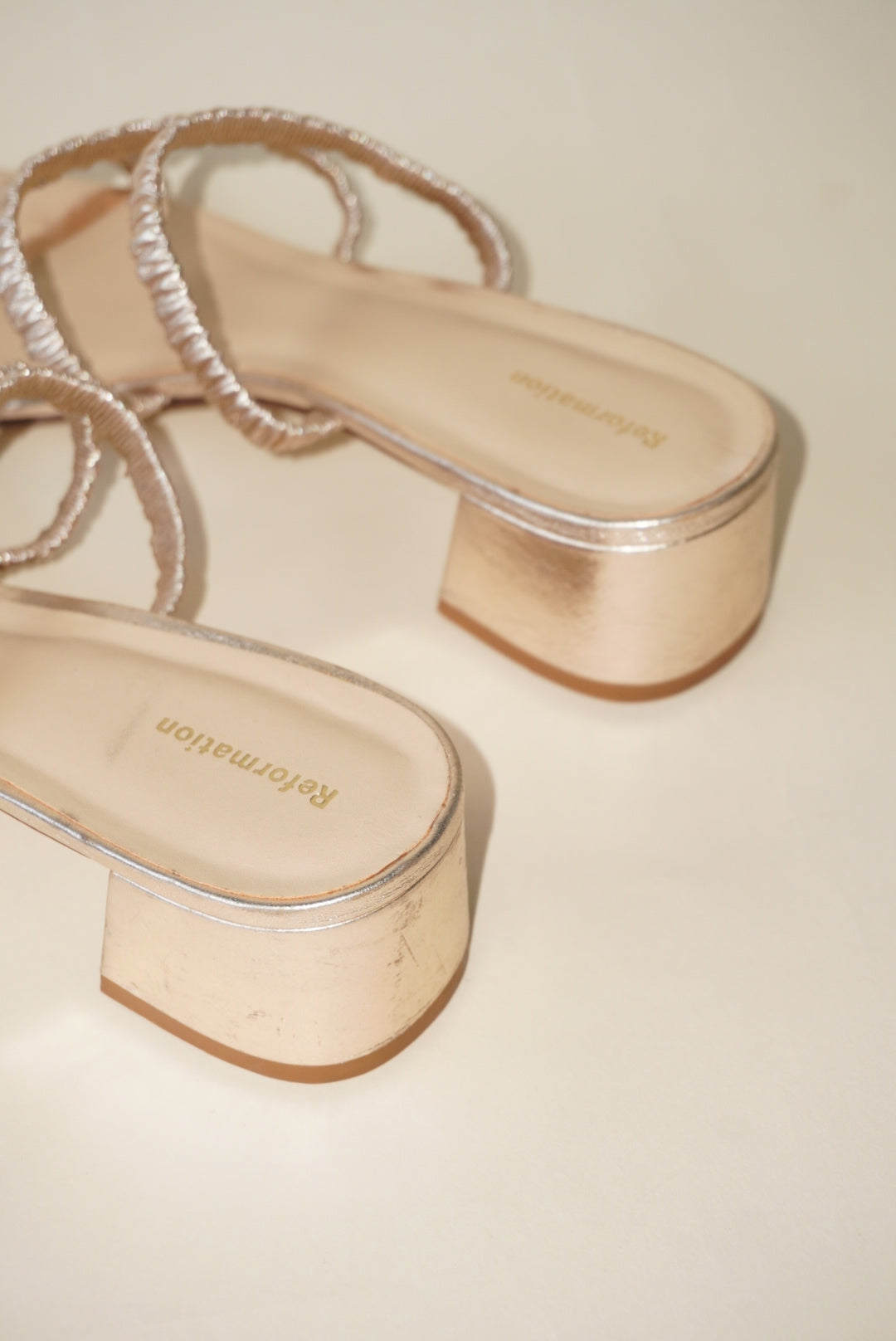 Reformation Gold Assunta Strappy Block Heel Mule - Size 10
