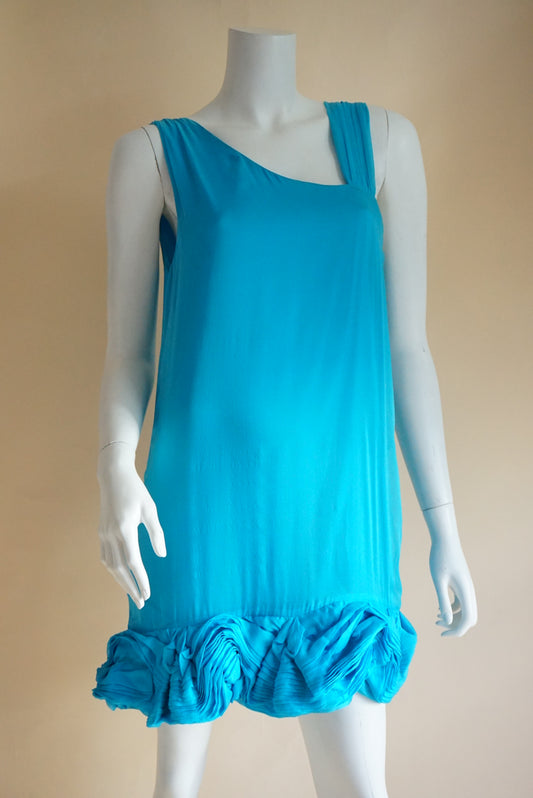 Alice + Olivia Turquoise 3D Floral Hem Asymmetrical Neckline Silk Mini Shift Dress
