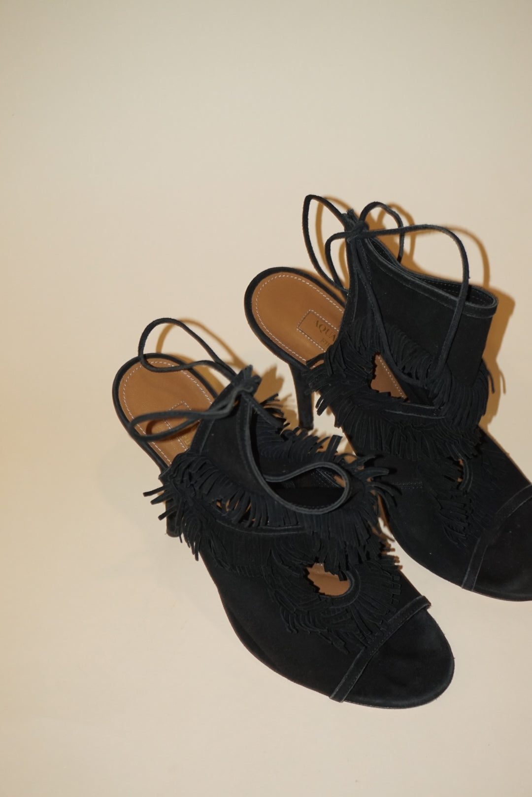 Aquazzura Fringe Gladiator Black Suede Sandal Heel - Size 37.5