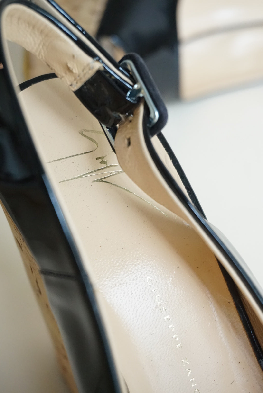 Giuseppe Zanotti Black Patent Leather Peep Toe Cork Wedges - Size 38