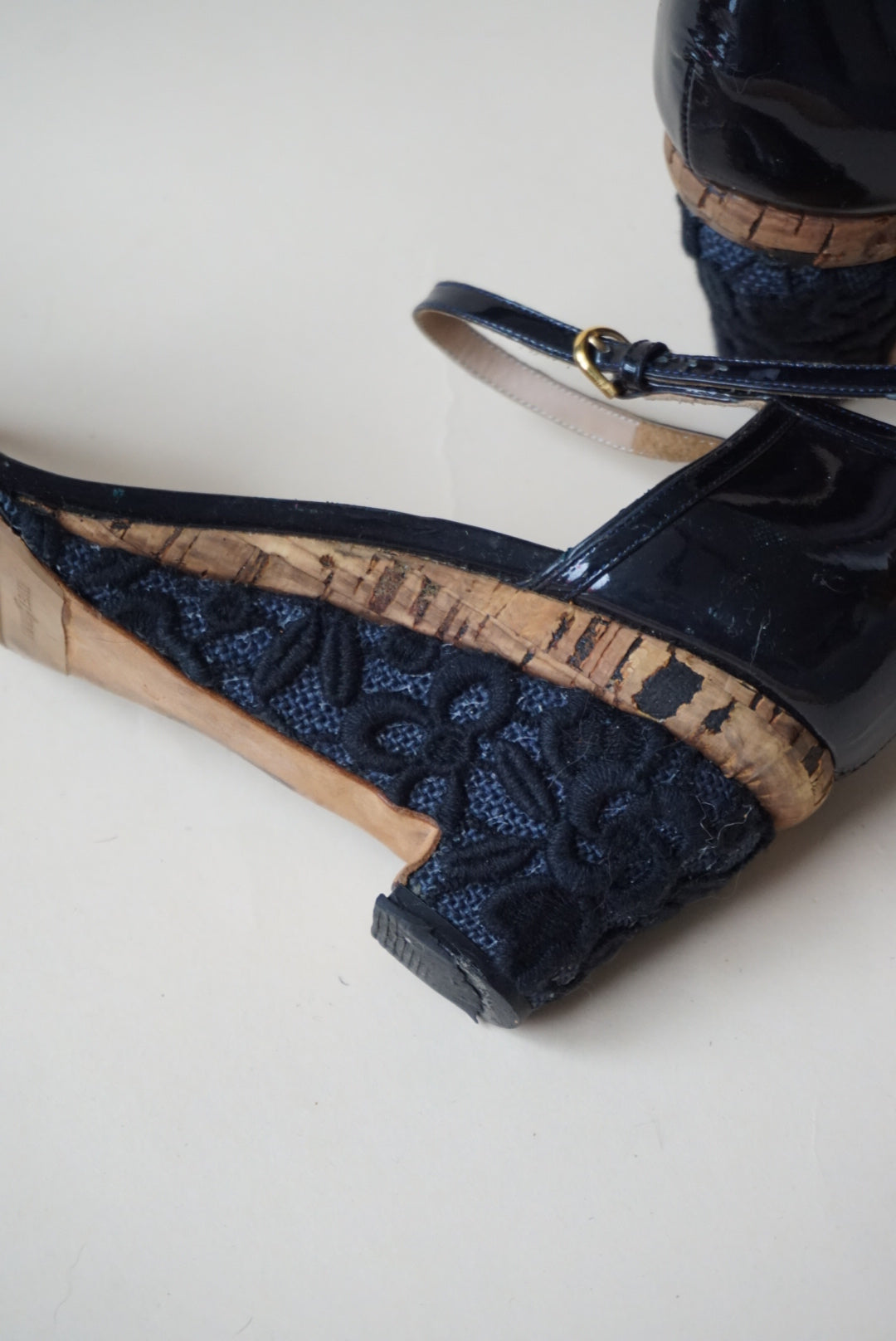 Nina Ricci Cork Navy Patent Leather Embroidered Sandal Wedge - Size 40