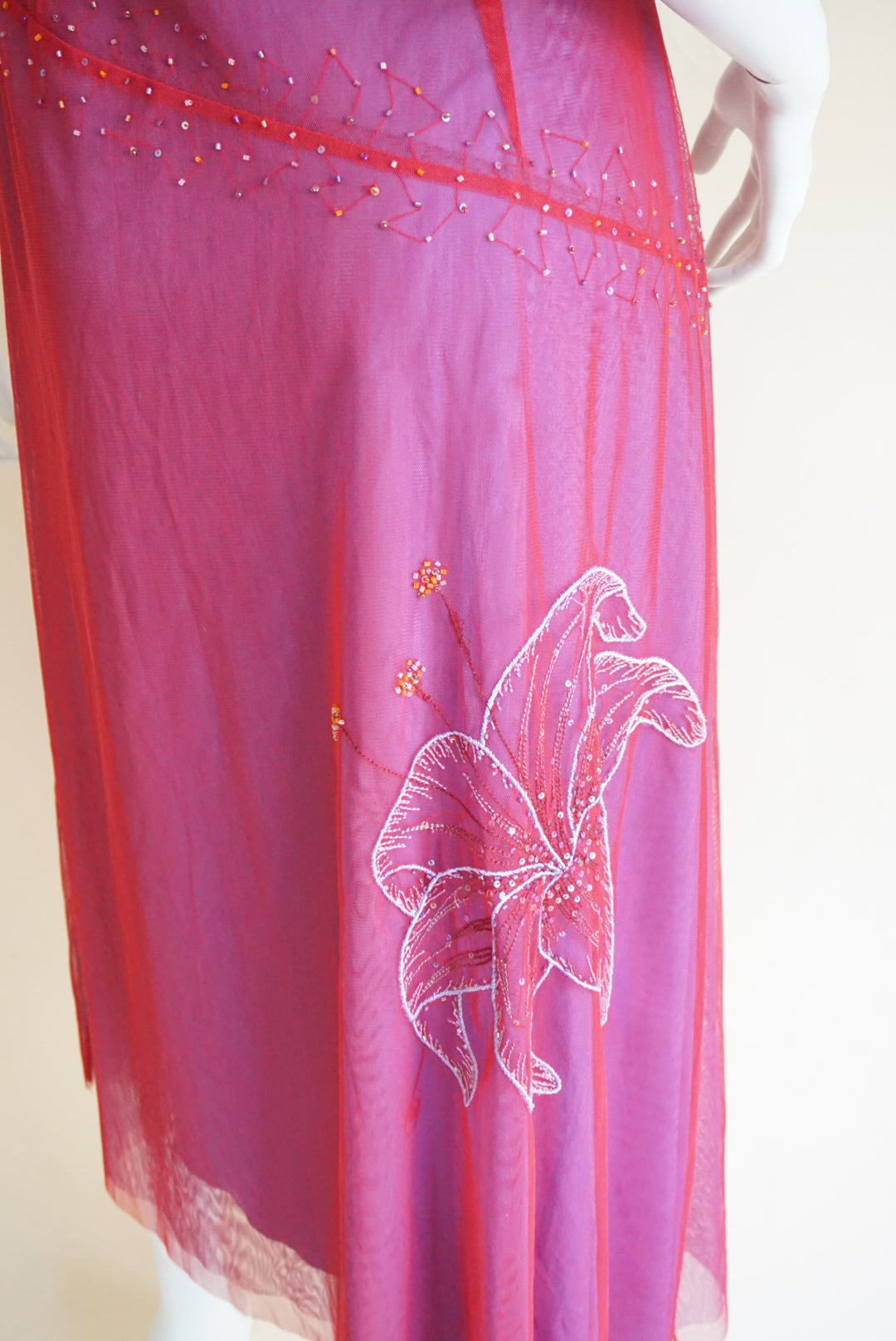 BCBGMAXAZRIA Red/Purple Lily Embroidered Beaded Y2K One Shoulder Maxi Dress - Size Large