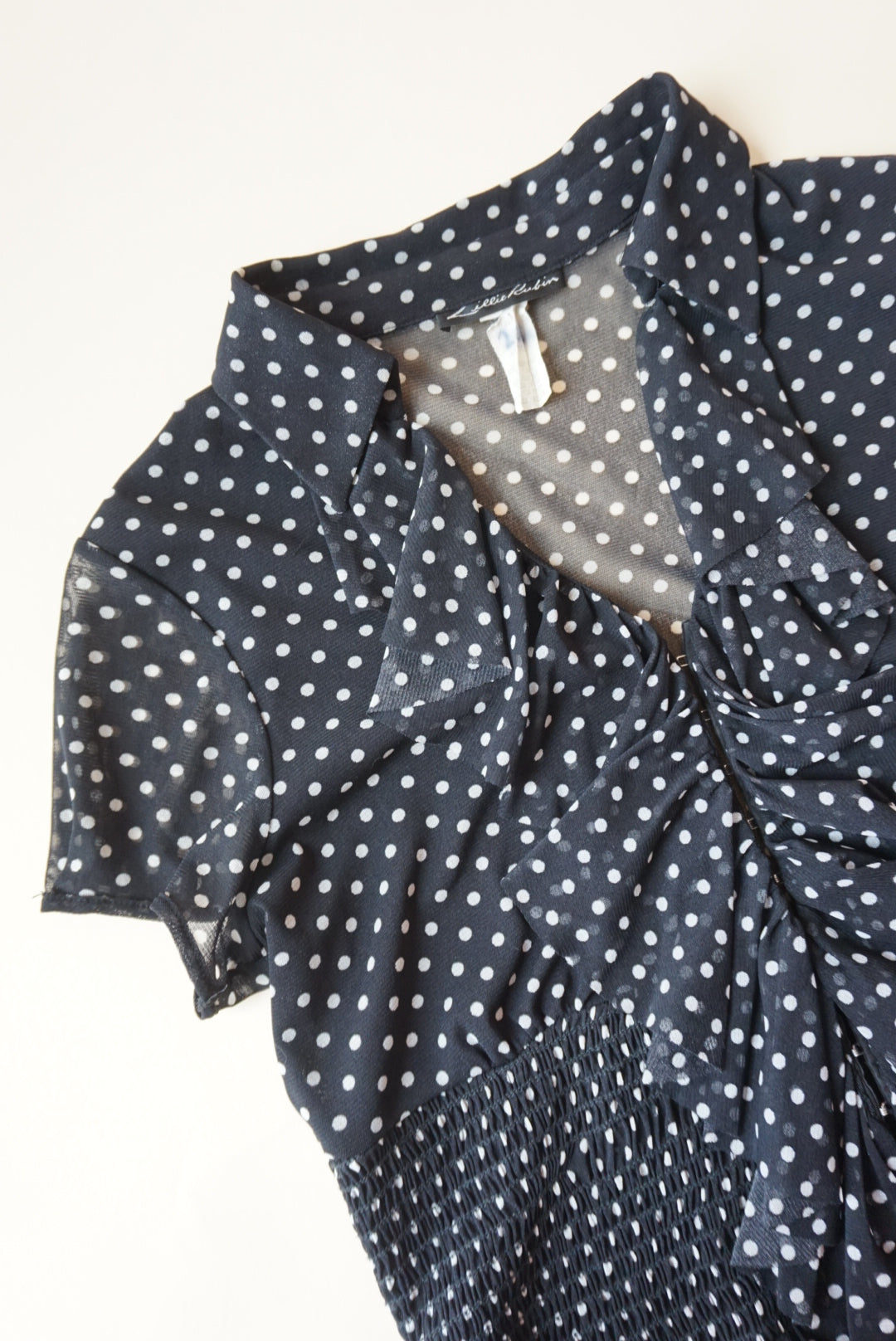 Lillie Rubin Vintage Polka Dot Mesh Sheer Shirring Ruffle Blouse - Size Medium