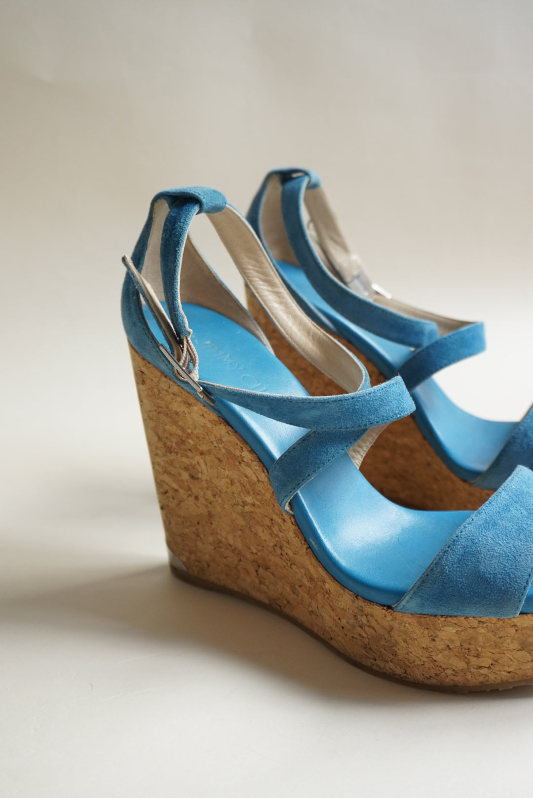 “Jimmy Choo” Blue Suede Cross Strap Cork Wedges - Size 38.5
