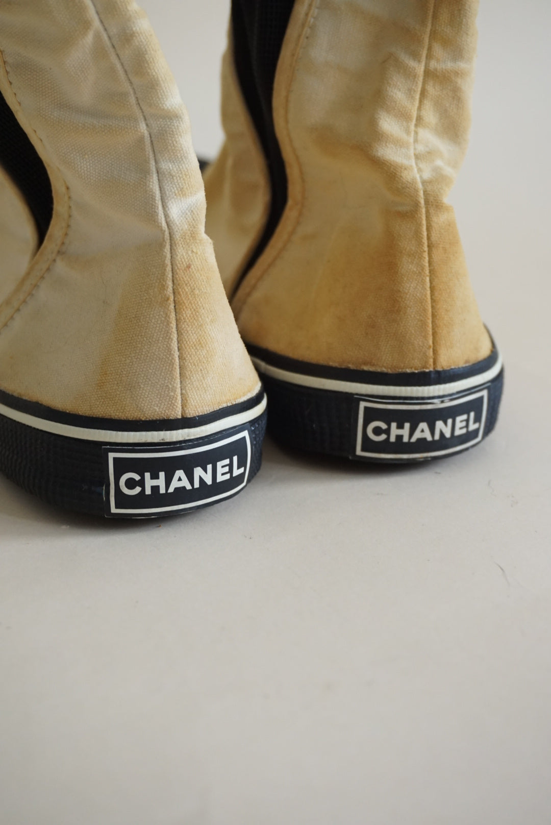 Vintage Chanel Ivory Cotton / Black Rubber Ankle Booties - Size 39 AS IS