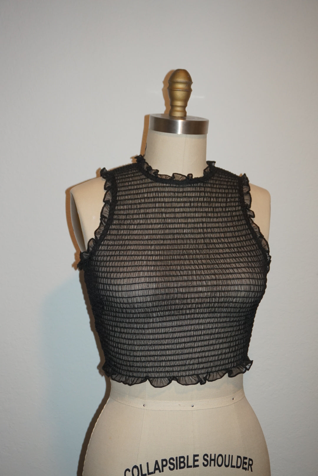 "Zara" Sheer Shirred Ruffle Trim Sleeveless Cropped Blouse - Size Small