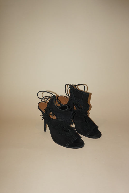 Aquazzura Fringe Gladiator Black Suede Sandal Heel - Size 37.5