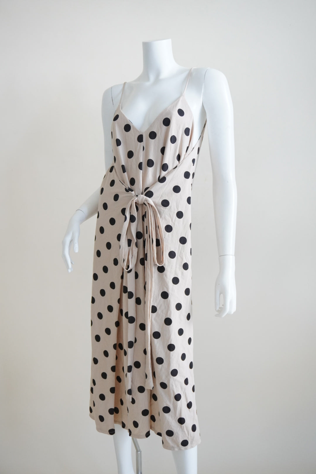 Zara Beige Polka Dot Front Knot Faux Wrap Dress - Size Medium