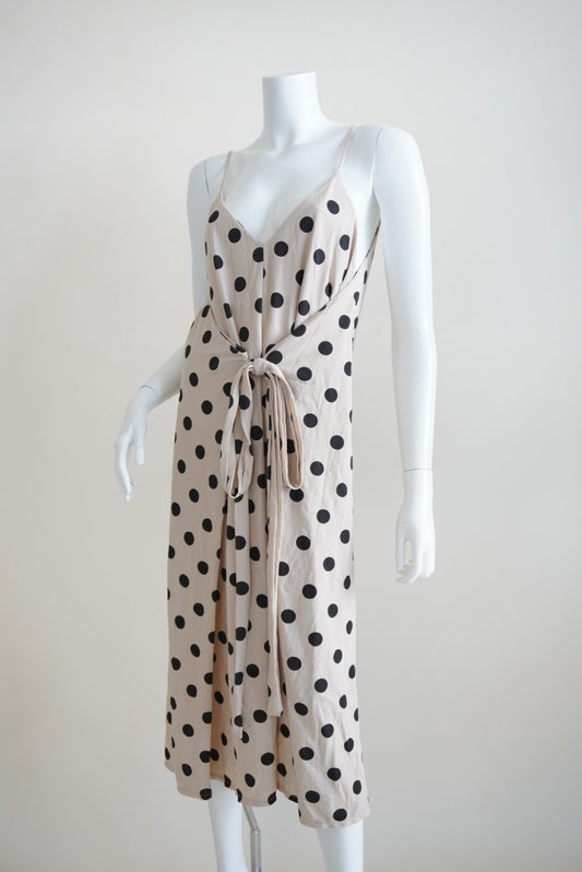 Zara Beige Polka Dot Front Knot Faux Wrap Dress - Size Medium