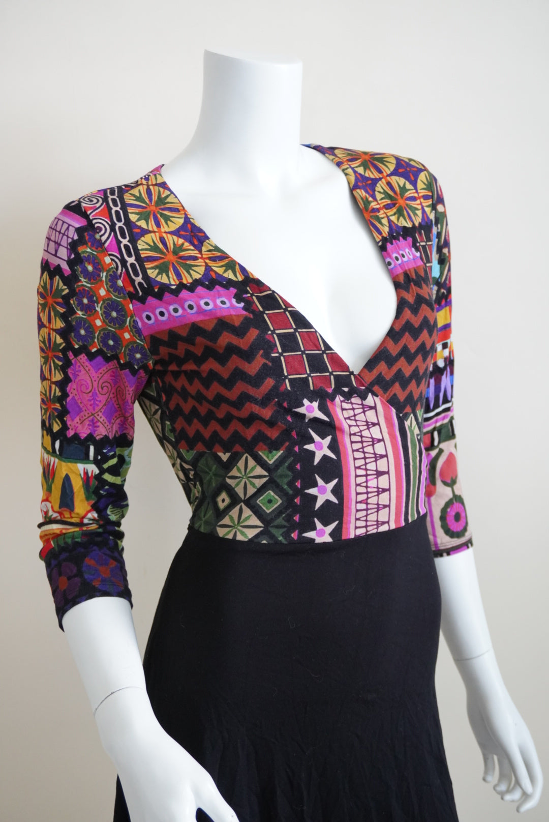 Desigual Color Me Jill Faux Wrap Printed Patchwork Knit Belted Dress - Size Medium