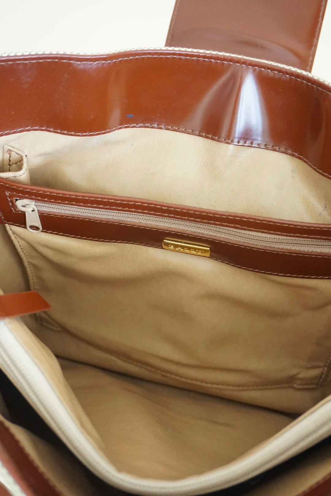 Bally Canvas Woven Brown Patent Leather Cross Body Messenger Bag