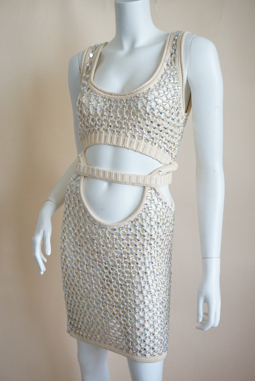 Diotima Naomi Crystal Embellished Open Knit Mesh Sand Dress NWT - Size 3