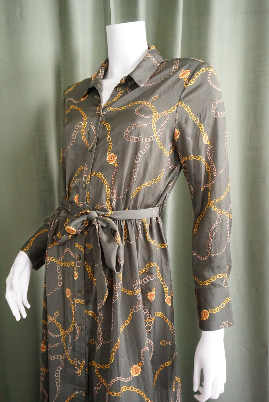 Mango Olive Chain Print Button Down Shirt Belted Dress - Size 6