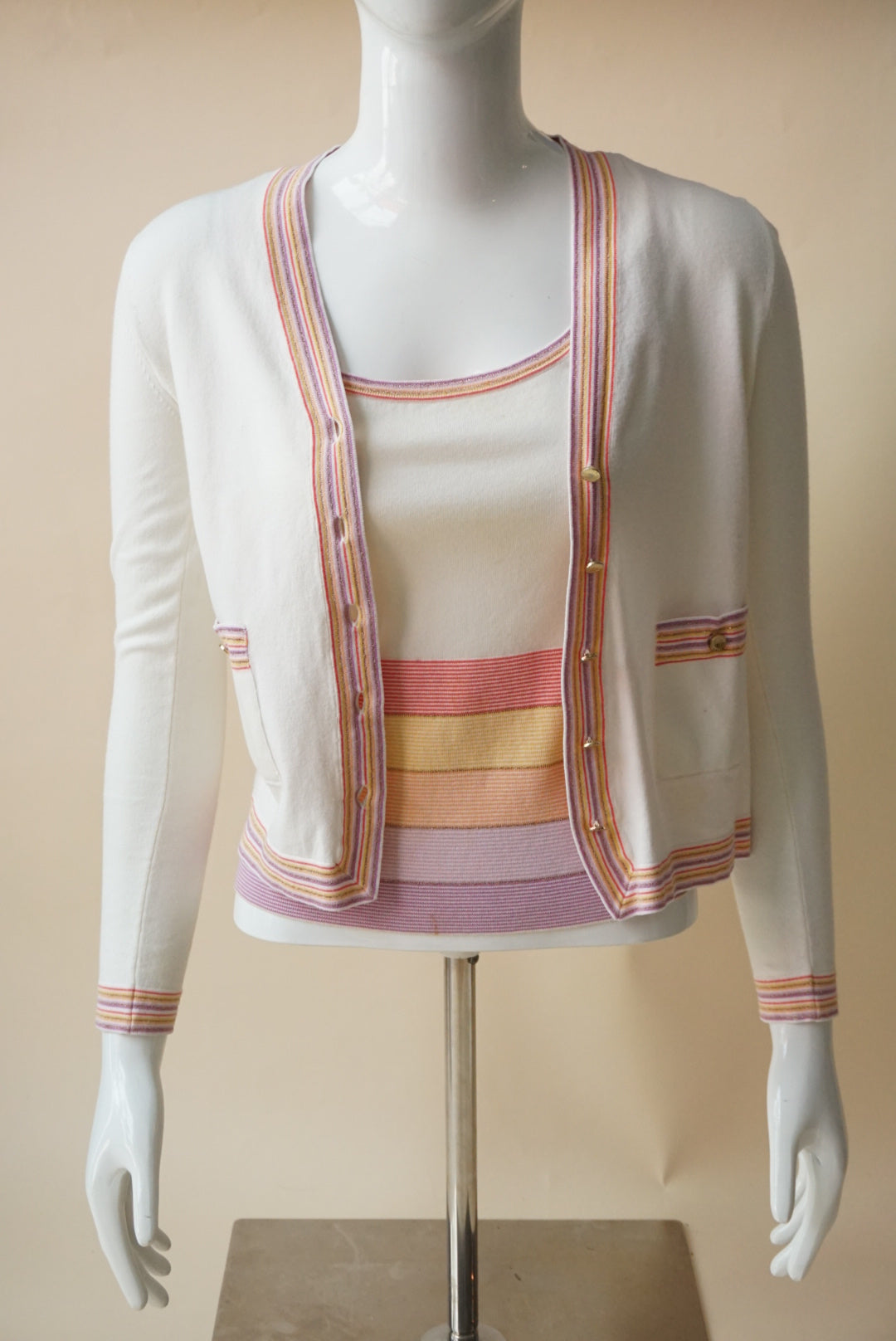 Les Copains Striped Ivory Vintage Pastel Cardigan Set - Size 40 IT