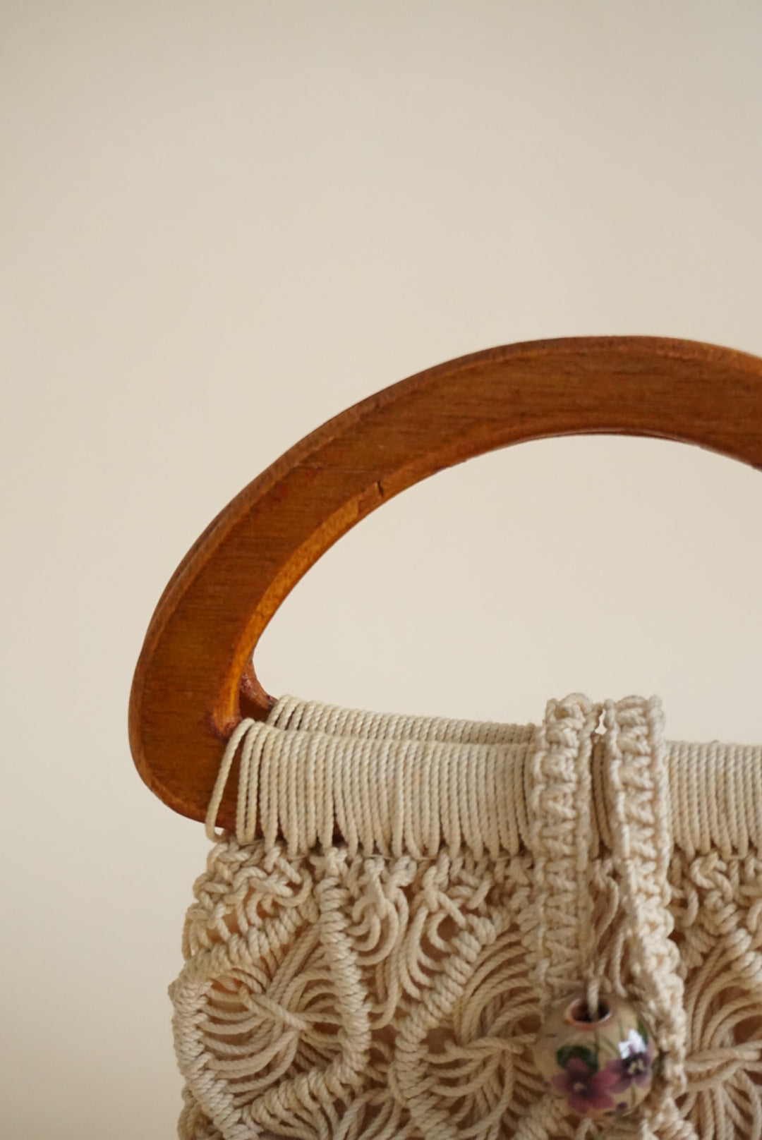 Crochet Cotton Handmade Wooden Handle Vintage Bag