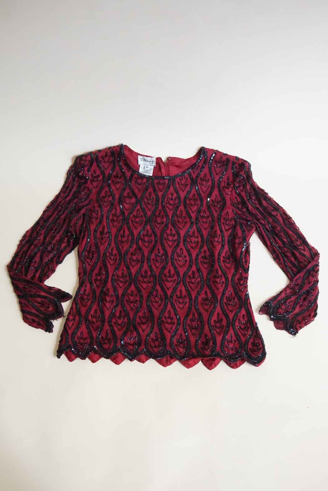 Stenay Vintage Silk Burgundy Beaded Scalloped Hem Blouse - Size Medium