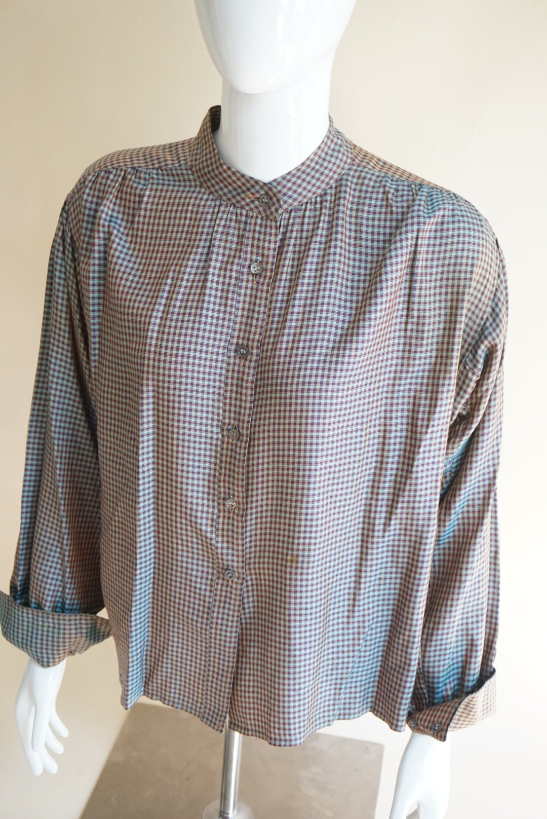 Saint Laurent Rive Gauche VTG Iridescent Mandarin Collar Silk Plaid Blouse - Size 40