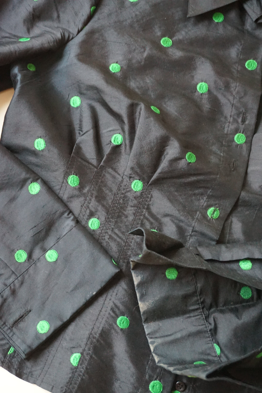 Carlisle Vintage Black Raw Silk Embroidered Green Polka Dot Blouse - Size 12