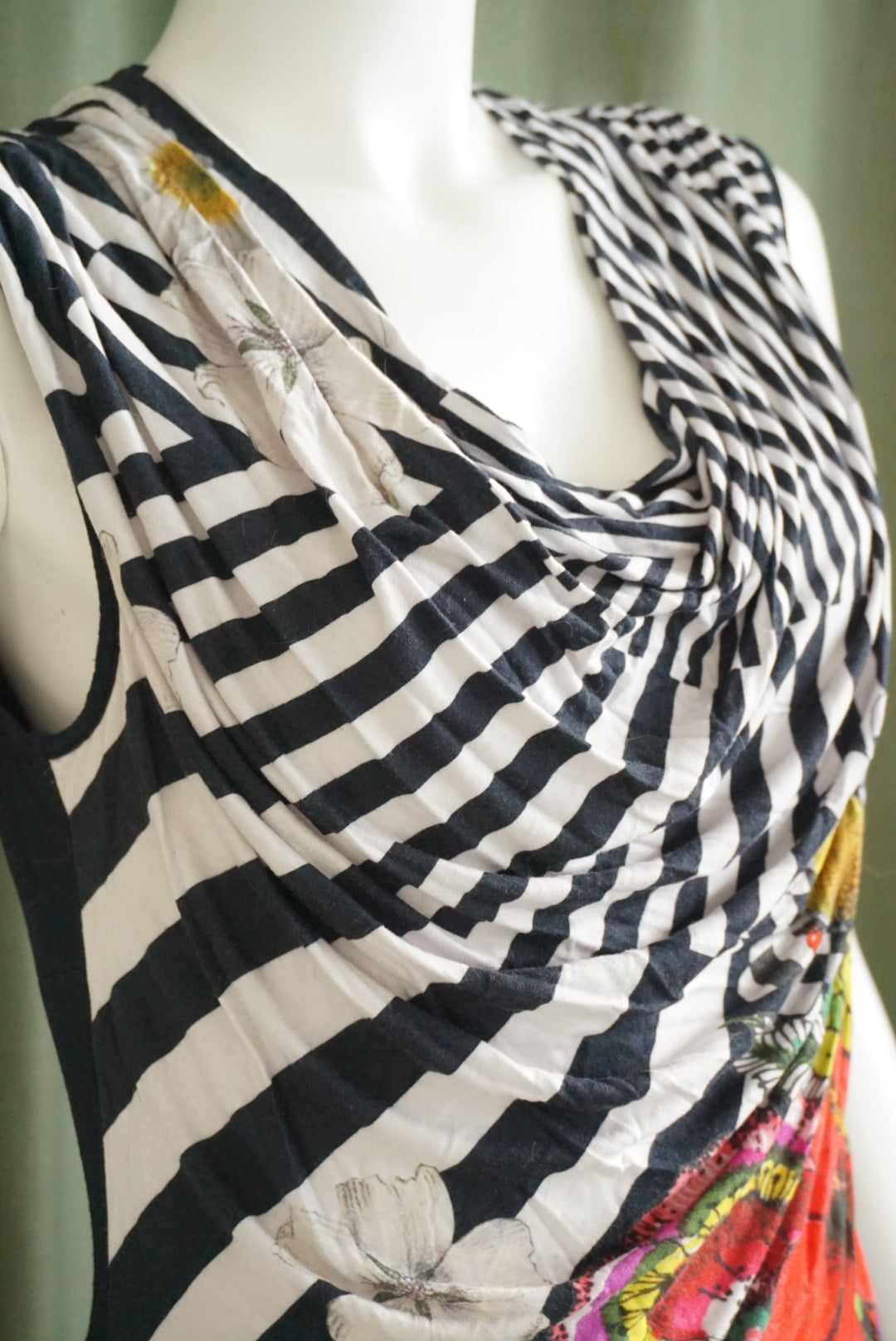 Desigual Black Sleeveless Floral Striped Cowl Neck Knit Mini Dress - Size Medium