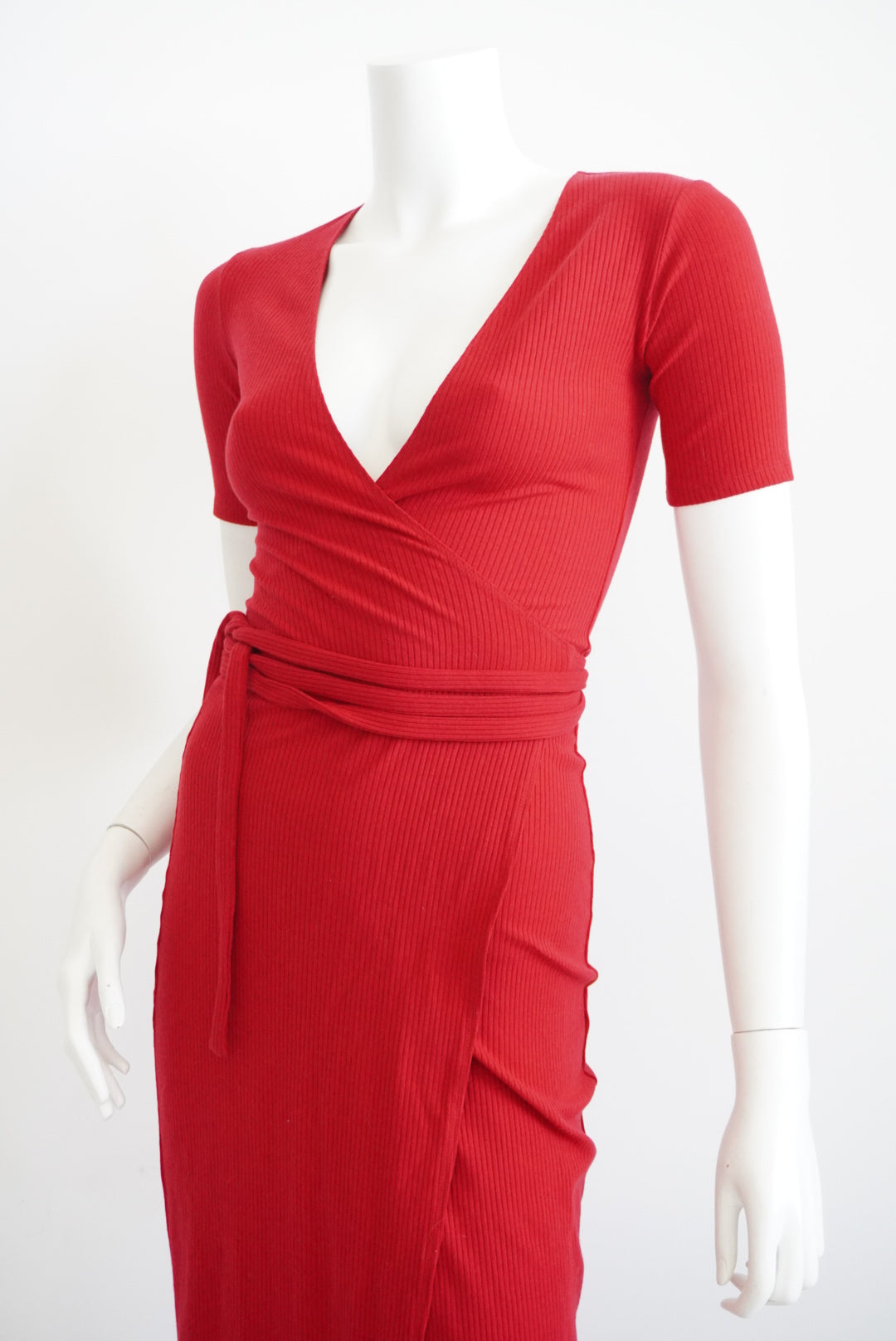 Reformation Red Ribbed Knit Wrap Midi Dress - Size XS