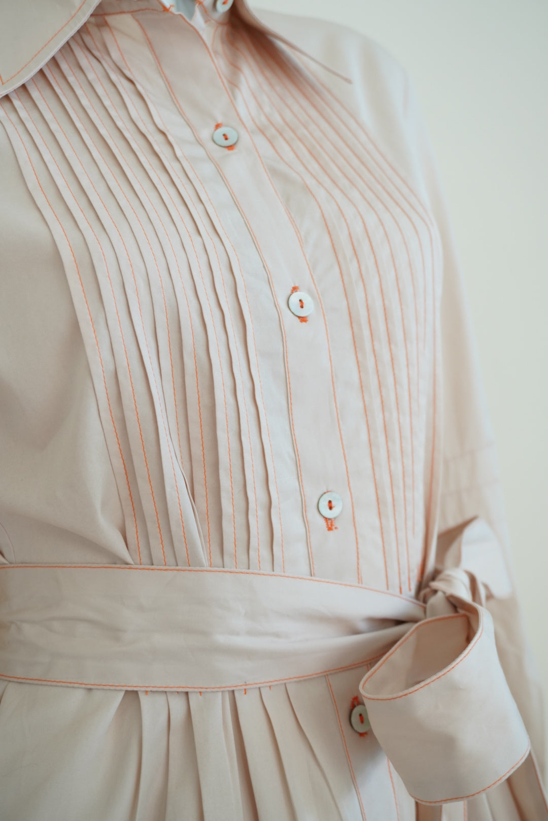 Thierry Colson Beige Orange Contrast Stitching Belted Shirtdress - Size Medium